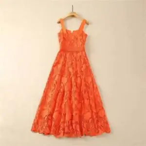 Orange Prom Dress Floral Embroidery Backless Lace A-Line Midi Party Gown