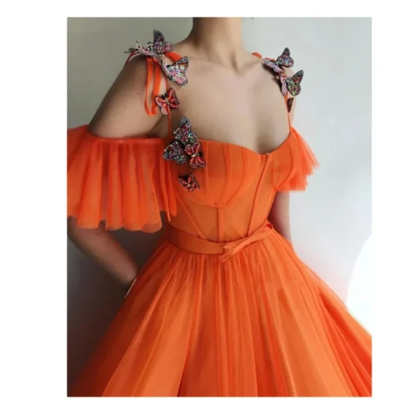 Fashion Off-The-Shoulder Orange Tulle A-Line Prom Party Dresses - Image 2