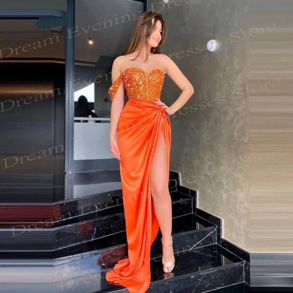 Graceful Orange One Shoulder Mermaid Beaded Side Split Evening Dress