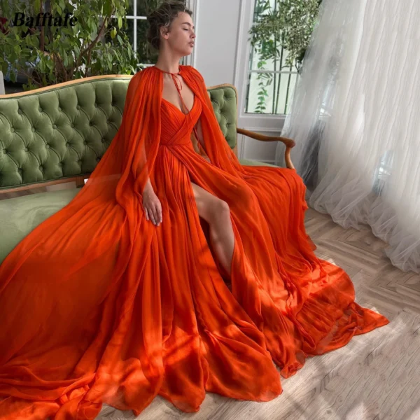 Orange prom dresses, thin chiffon, long sleeves, V-neck, slit gown