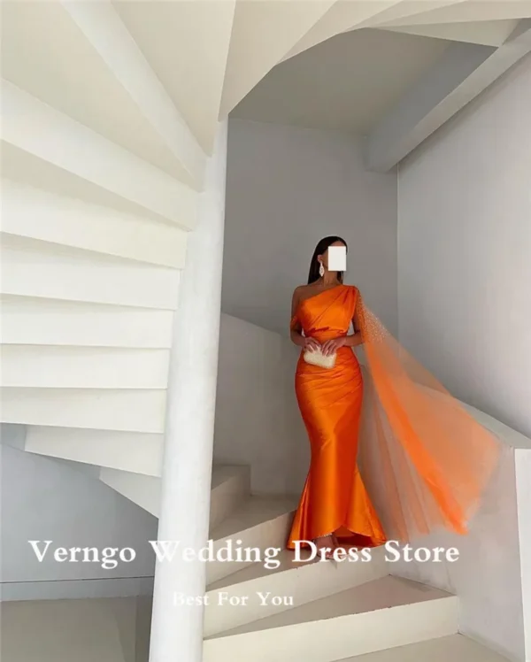 Orange prom dresses: Satin mermaid gown with sequin tulle cape - Image 3