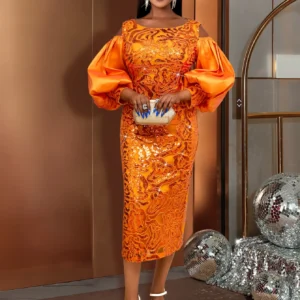 Orange Sequined Cold Shoulder Bodycon Dress For Evening Parties