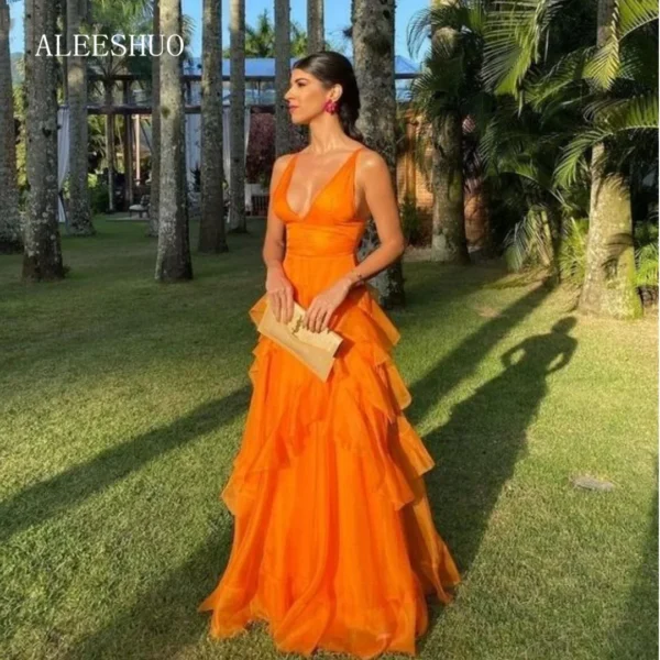 Orange Prom Dresses: Sexy V-neck A-Line Tiered Evening Gown