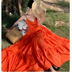 Orange Backless Halter Maxi Dress Summer Beach Holiday A-Line Style