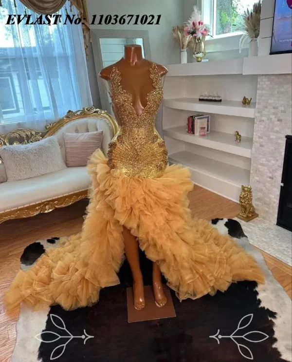 Orange prom dresses: Customized gold sparkly mermaid gown with beaded ruffles