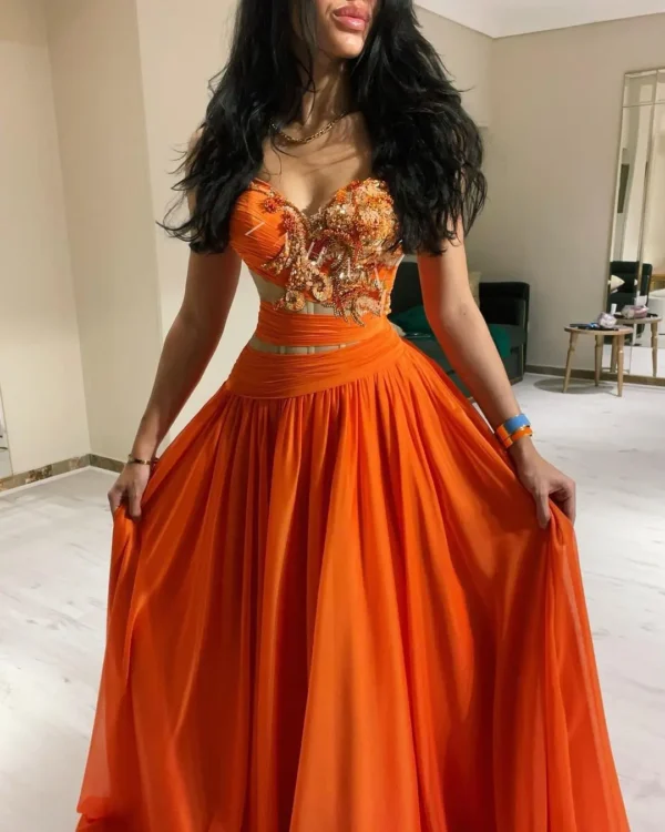 Orange Prom Dresses: Sleeveless Sweetheart Pleated Chiffon Beaded Evening Gown