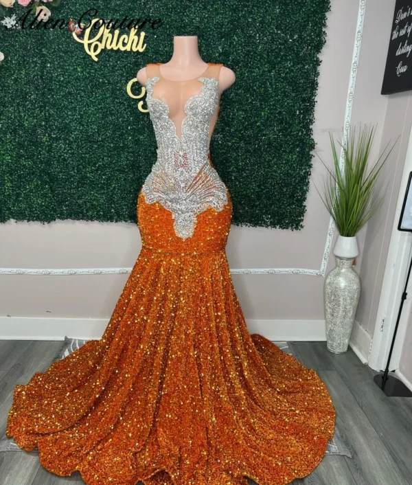 Orange Prom Dresses: Luxury Long Sequin Party Gown with Beads
