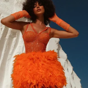 Sexy Glitter Sequin Feather Orange Mini Cocktail Prom Dress Women