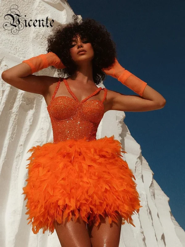 Sexy Glitter Sequin Feather Orange Mini Cocktail Prom Dress Women