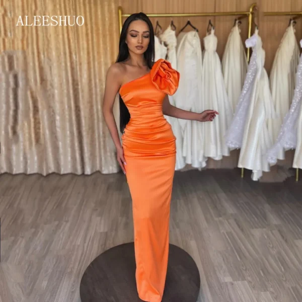 Orange prom dresses with satin, pleats, flowers, one-shoulder, and customized gowns