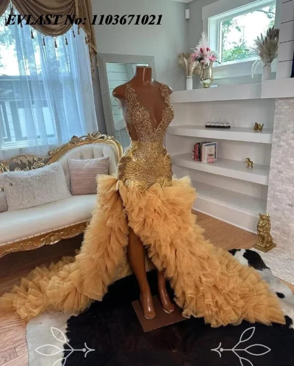 Orange prom dresses: Customized gold sparkly mermaid gown with beaded ruffles - Image 2