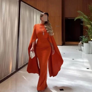 Long Orange Crepe Sheath Evening Dress For Women’s Formal Prom