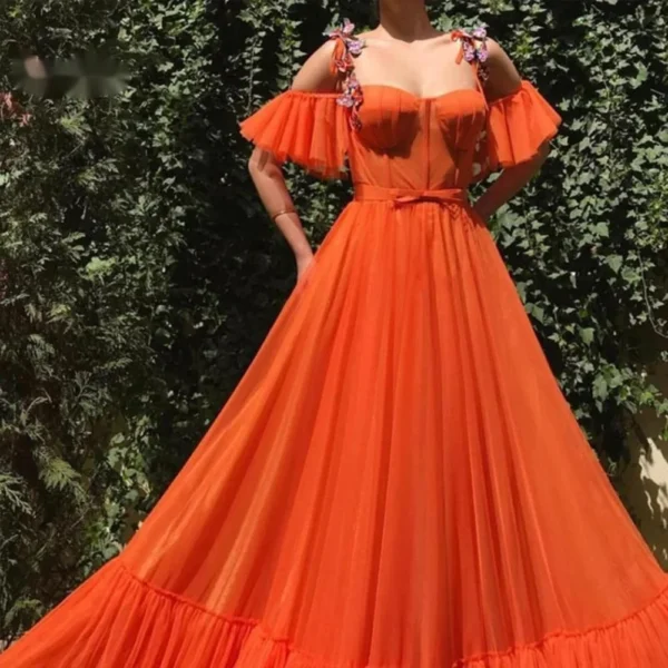 Fashion Off-The-Shoulder Orange Tulle A-Line Prom Party Dresses