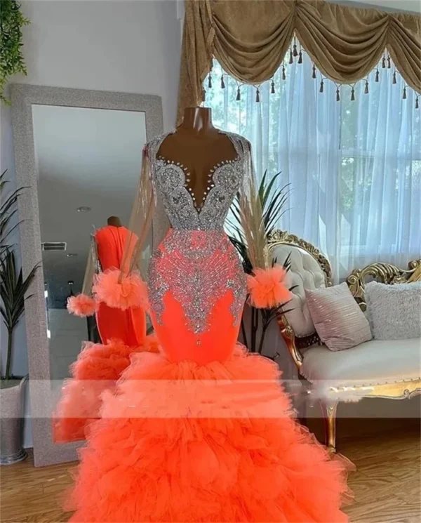 Orange Prom Dresses: Luxury Mermaid Beaded Ruffles Evening Gown - Image 2