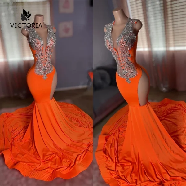 Silver Crystal Beaded Orange Prom Dresses for African Girls