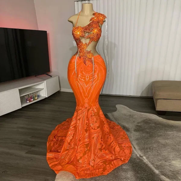 Orange Sequin Halter Neck Mermaid Prom Evening Dress For Women