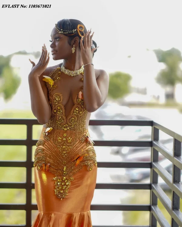 Orange prom dresses, customized mermaid gown with golden crystals and beads - Image 2