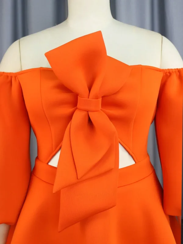 Orange Plus Size Scuba Skater Dress with Lantern Sleeves & Bowtie Detail - Image 2