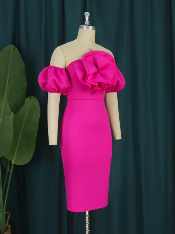 Sexy Off Shoulder Rose Orange Bodycon Midi Summer Party Dress - Image 2