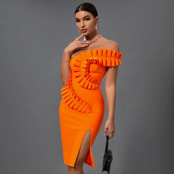 Orange One-Shoulder Ruffle Bandage Dress For Women Club Party