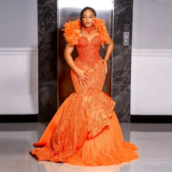 Orange Prom Dresses Mermaid Lace Feather Plus Size Evening Gown
