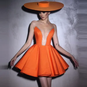 See Through Orange Satin Sequined A-Line Ruffled Elegant Party Dress