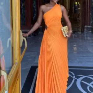Orange Prom Dress One Shoulder Pleated Ruched A-Line Maxi Evening Party Dress