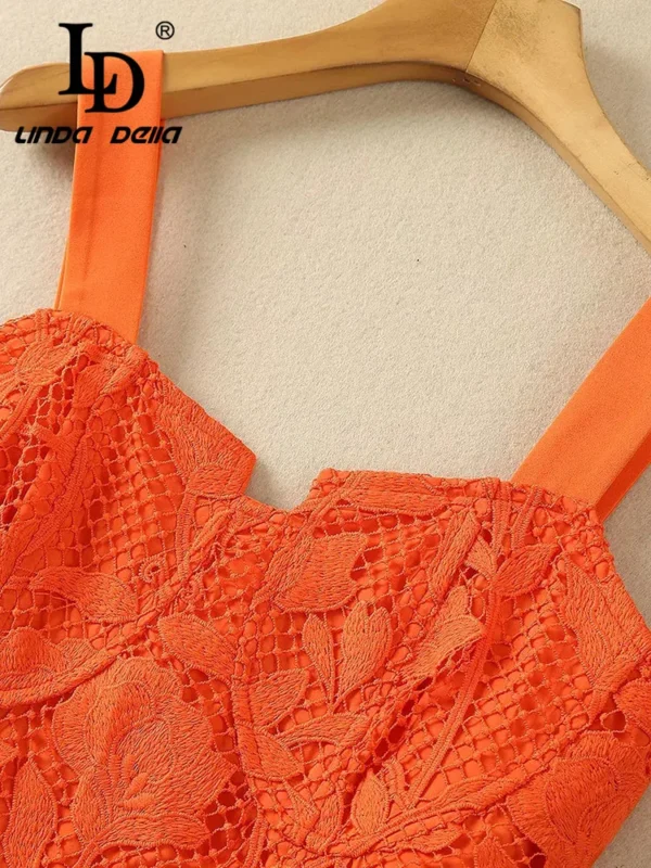 Orange Suspender Lace Hollow Dress For Women Summer Party Wear - Image 5