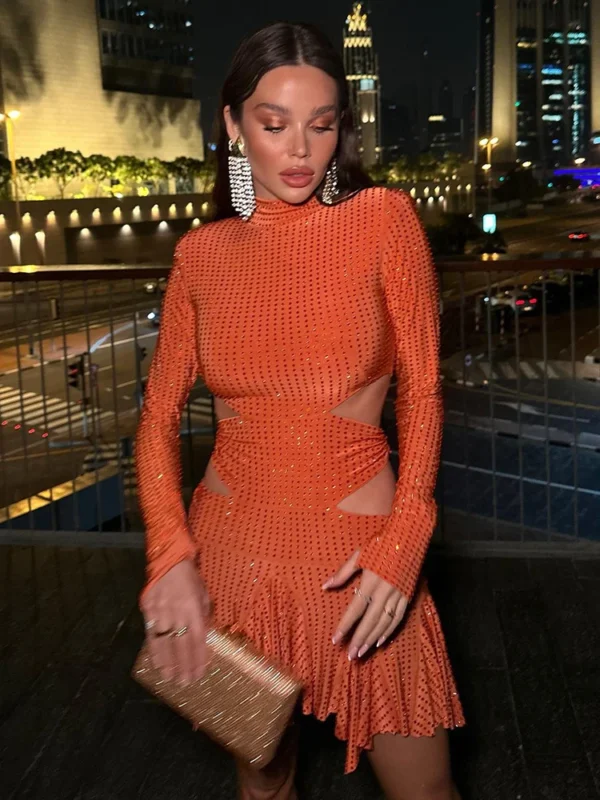 Orange High Collar Bodycon Party Dress with Tassels and Rhinestones - Image 4