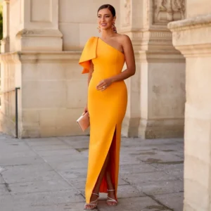 Orange Prom Dress One Shoulder Sheath Slit Bow Floor-Length Evening Gown