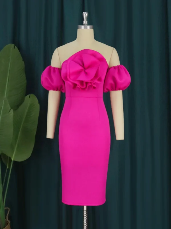 Sexy Off Shoulder Rose Orange Bodycon Midi Summer Party Dress - Image 3