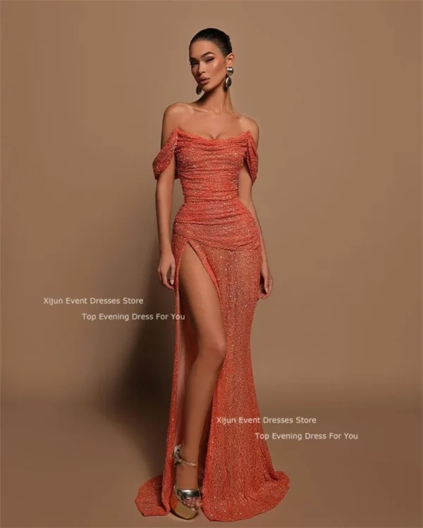 Orange prom dresses with glitter, high slit, off-shoulder style - Image 4