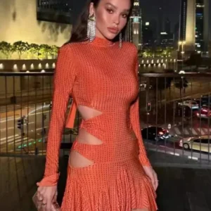 Sexy Crystal Rhinestone Bodycon Orange Dress For Women Party
