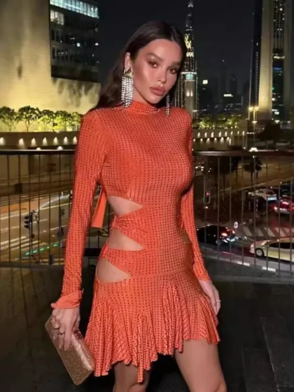 Sexy Crystal Rhinestone Bodycon Orange Dress For Women Party