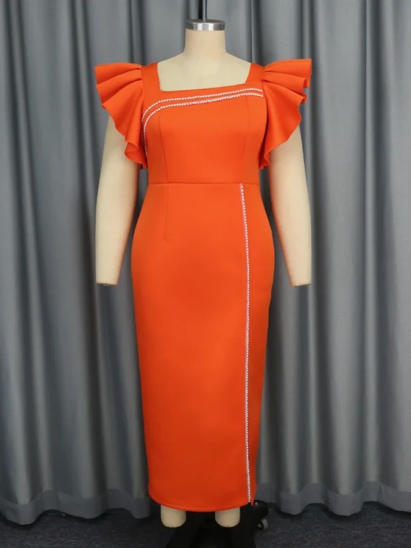 Orange Pearl Chain Petal Dress Slim Fit High Slit Elegant Evening Gown - Image 6