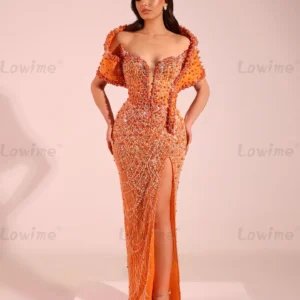 Orange Off Shoulder Mermaid Prom Dress With Crystal Beading Split
