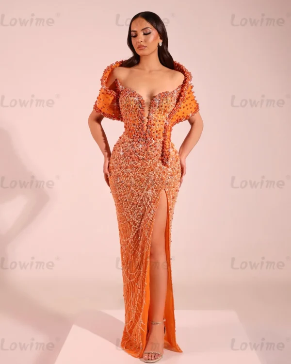 Orange Off Shoulder Mermaid Prom Dress With Crystal Beading Split