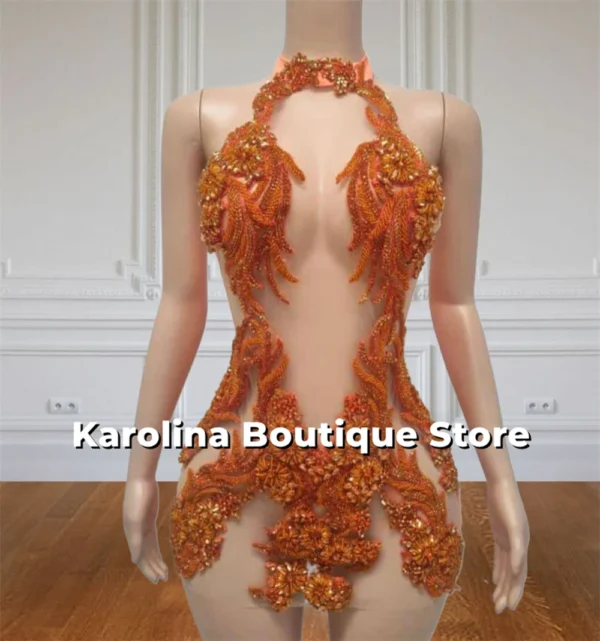 Orange prom dresses, halter beaded rhinestone see-through mini cocktail gown - Image 2