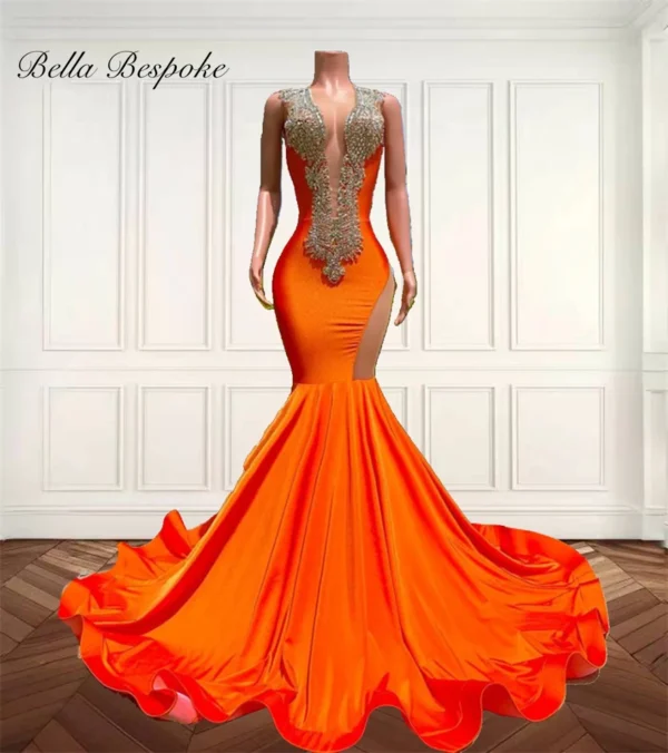 Orange Beaded Crystal Rhinestone Mermaid Prom Evening Dress 2025
