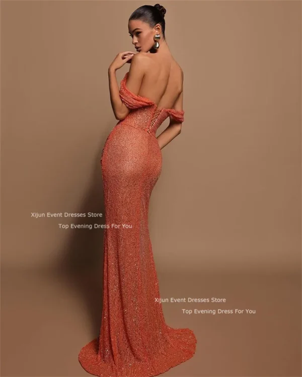 Orange prom dresses with glitter, high slit, off-shoulder style - Image 2