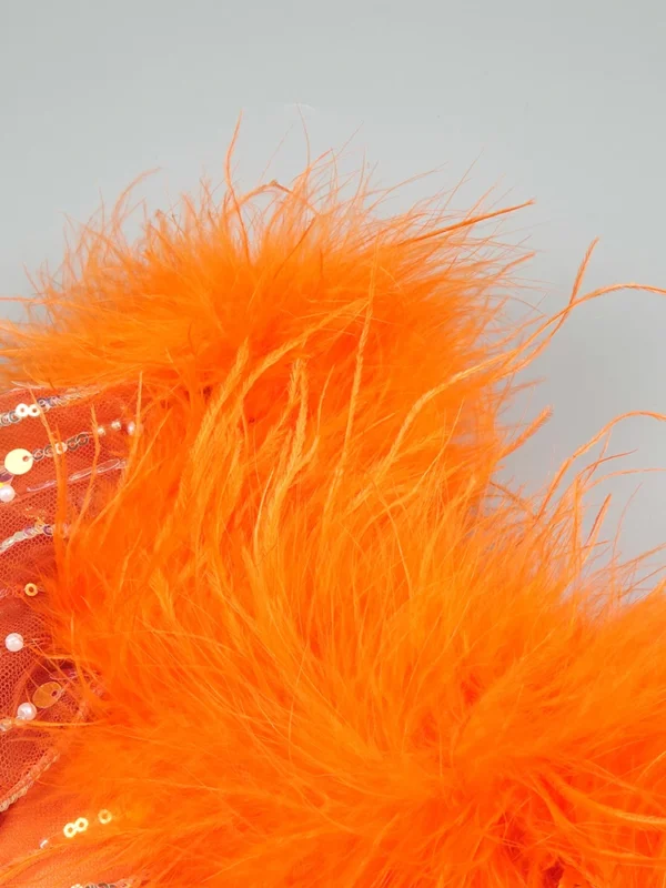 Orange Off Shoulder Feather Sequin Mesh Bodycon Evening Party Dress - Image 6