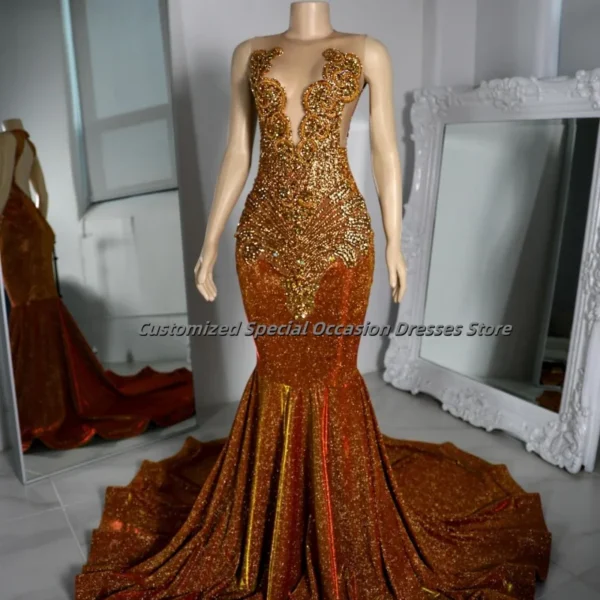 Sparkly Gold Rhinestone Mermaid Prom Dress Orange Velvet Customized
