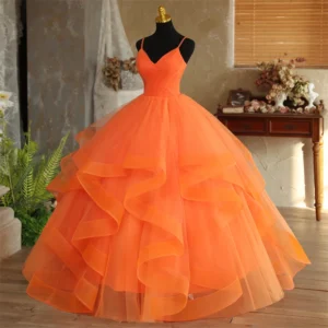Orange Prom Dress Boho V-Neck Ball Gown Spaghetti Strap Quinceanera Evening Dress
