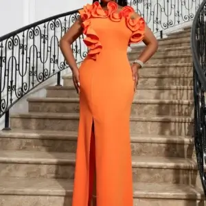 Plus Size Orange Prom Dress Ruffle Asymmetric Split Petal Detail Evening Gown