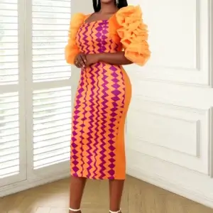 Plus Size Orange Prom Dress Printed Bodycon Ruffle Sleeve Midi Cocktail Party Dress