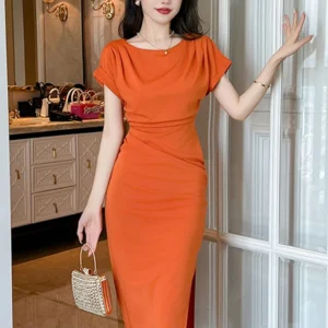 Vintage French Style Orange Black Summer Maxi Dress For Women