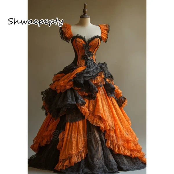 Orange Prom Dresses Ruched Black Vintage Floor-Length Masquerade Gown