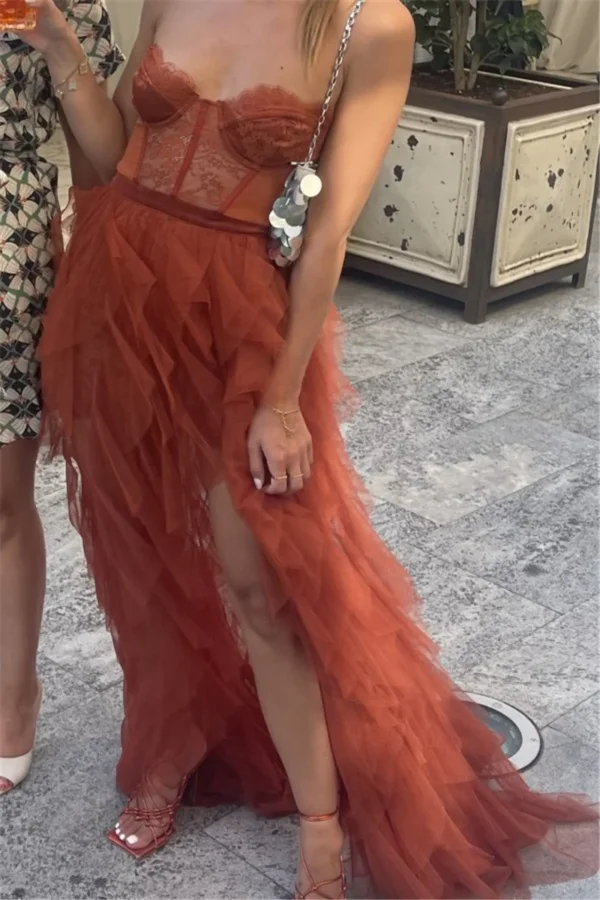 Orange Prom Dresses Tulle Lace Tiered Skirt Slit Evening Gown - Image 3