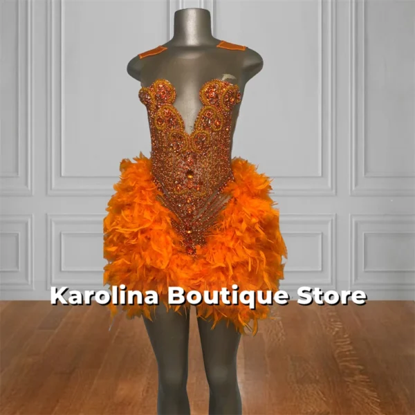 Customized Orange Prom Dresses with Feathers, Crystals, and Rhinestones