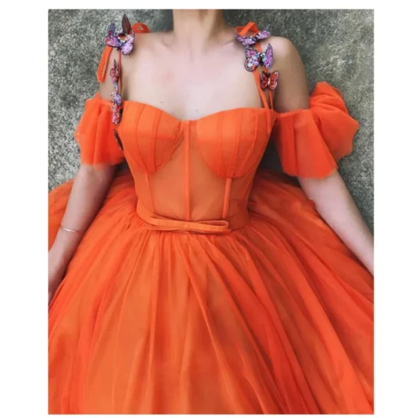 Fashion Off-The-Shoulder Orange Tulle A-Line Prom Party Dresses - Image 3